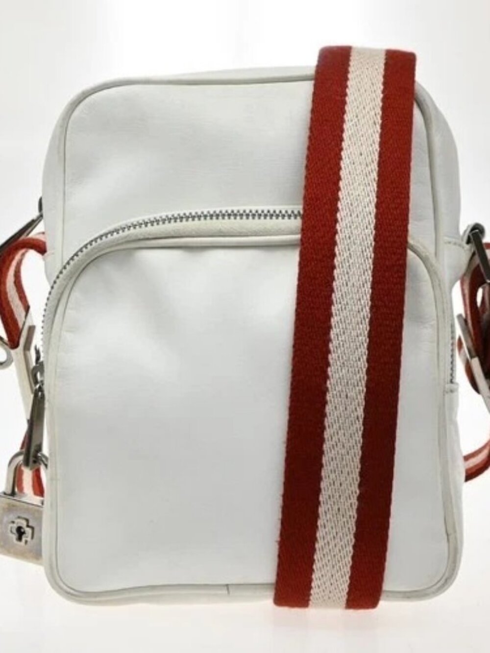 BALLY Logo Trano Crossbody Shoulder Bag Leather White Red SHW Italy 09MA732